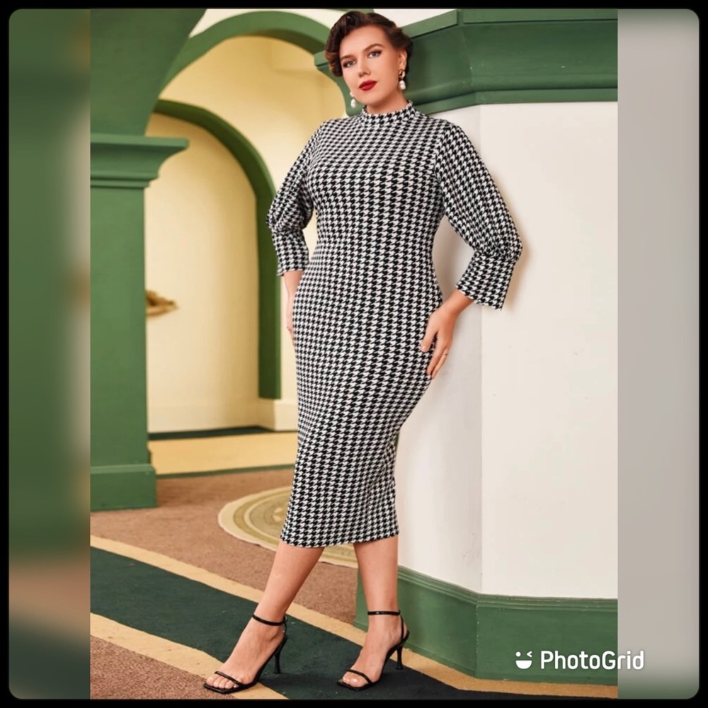 SHEIN Plus Houndstooth Mock Neck Blouson Sleeve Dress *never worn*